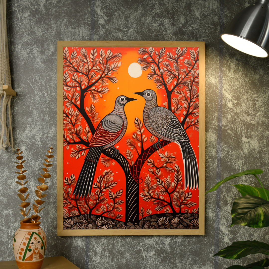 Pigeon Flight, Sunset Symphony: Sowpeace Handcrafted Canvas – Premium Indian-Inspired Art for Stylish Home Interiors