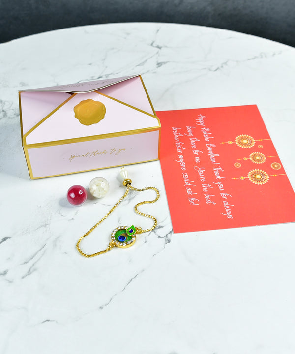 Sowpeace Exquisite Peacock Rakhi Pack of 1 with Roli Chawal and Greeting card combo for Raksha Bandhan and Gifting — main view