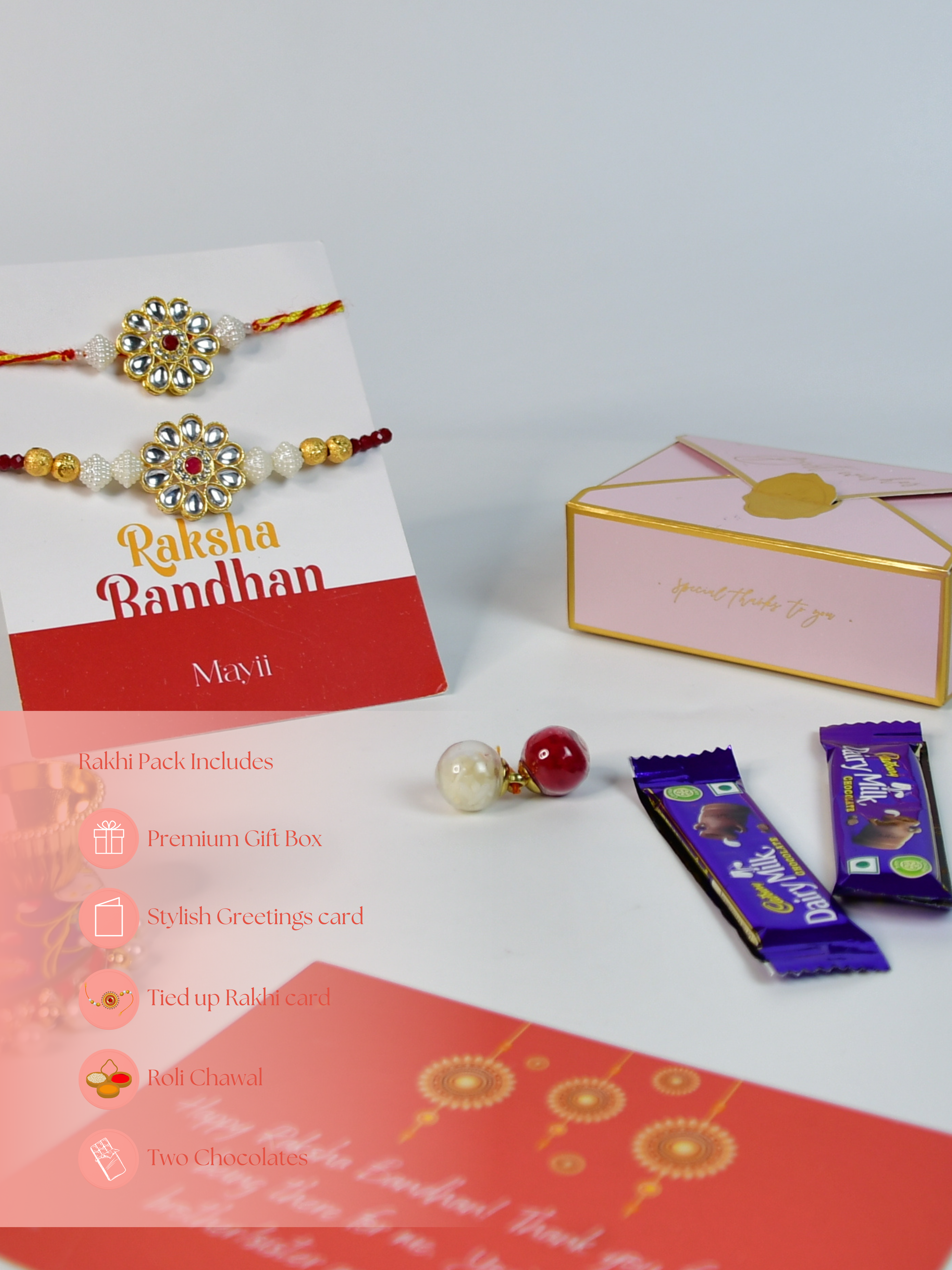 Sowpeace Exquisite Red Centre Flower Rakhi Pack of 1 with Roli Chawal Thali, two Chocolates, and Greeting card combo for Raksha Bandhan and Gifting