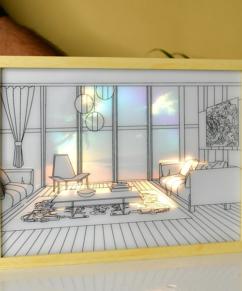 Sowpeace Illuminated Hall Room Frame – LED Landscape Photo Frame with Sofas, Carpet & Balcony for Chic Home Decor