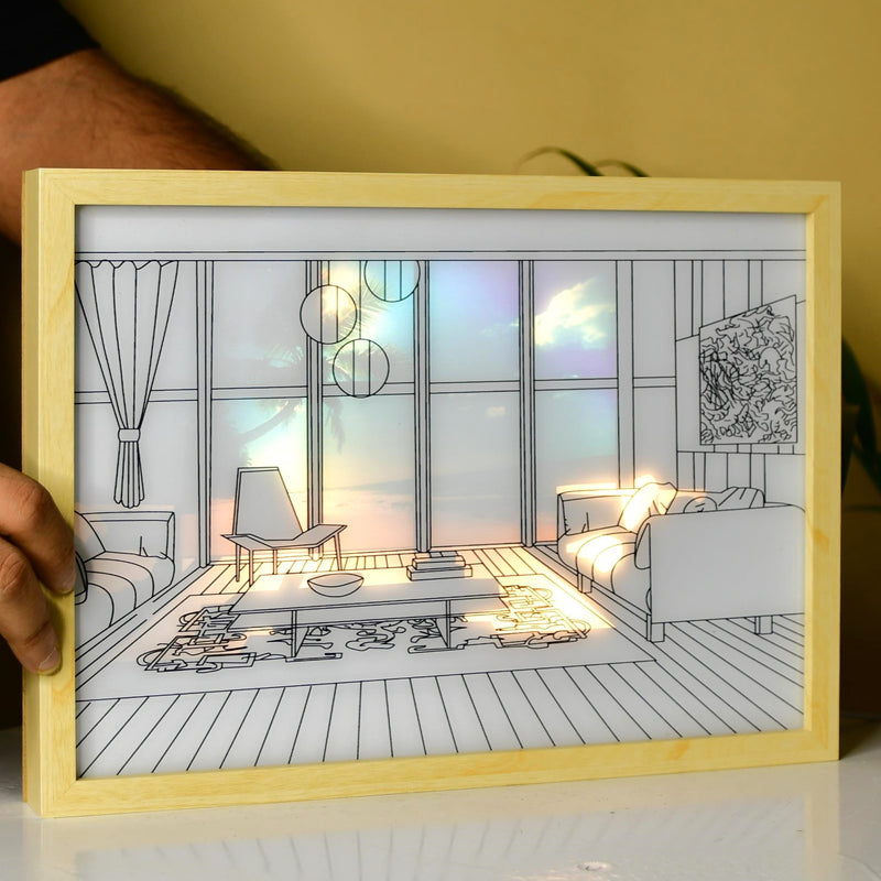 Sowpeace Illuminated Hall Room Frame – LED Landscape Photo Frame with Sofas, Carpet & Balcony for Chic Home Decor – view 1