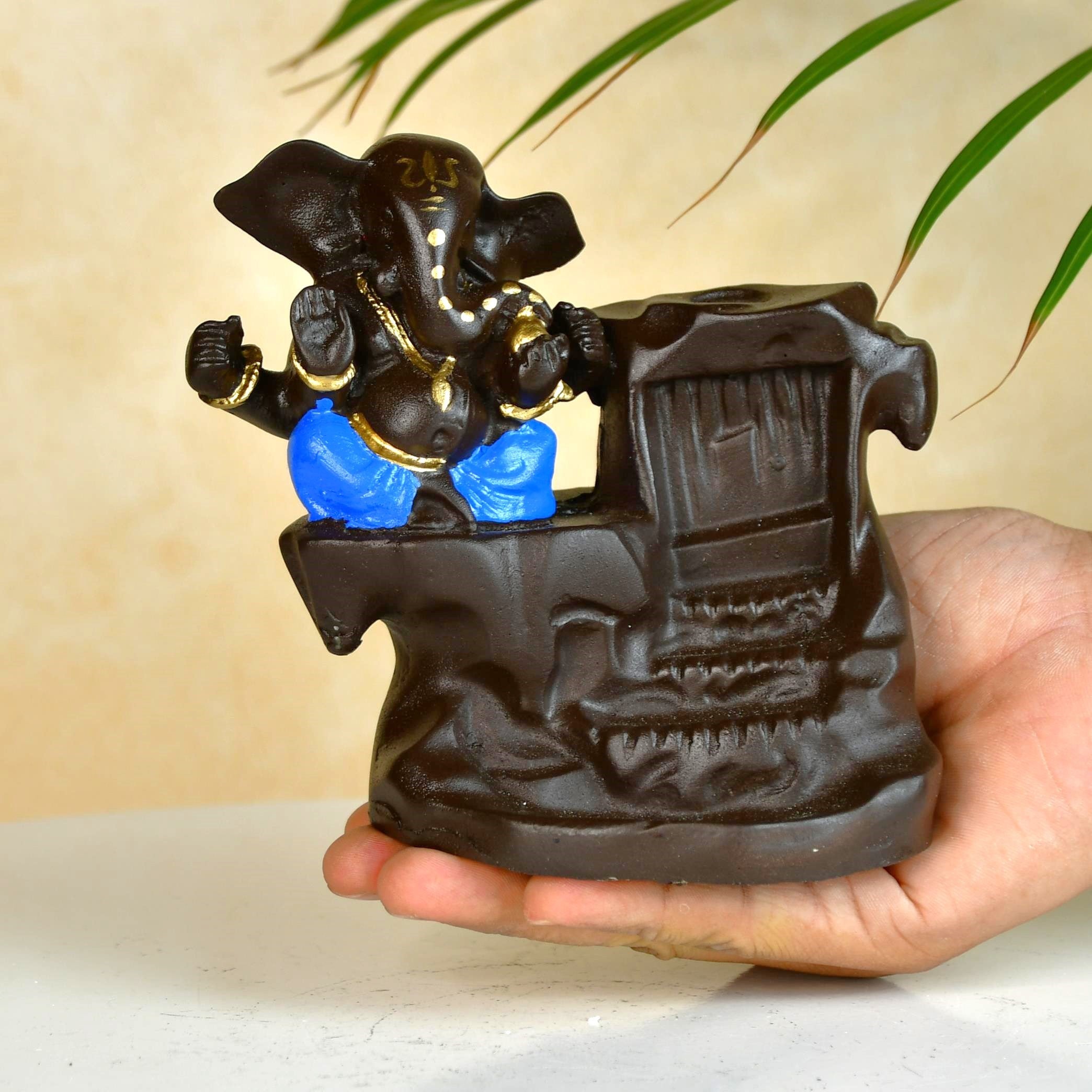 Artisan Blue Ganesh Smoke Fountain Tabletop Decor by Sowpeace - Unique Home Showpiece