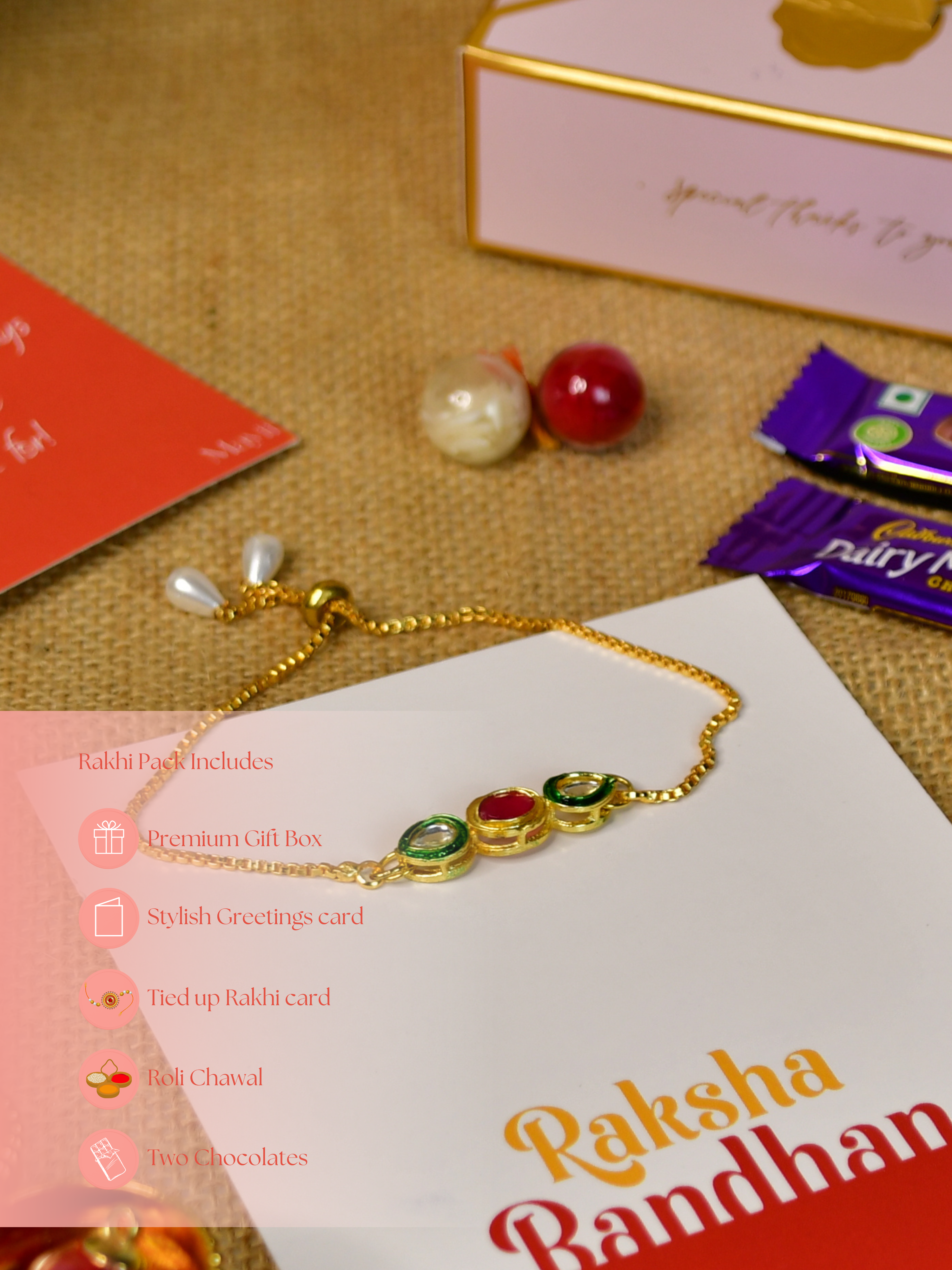 Sowpeace Exquisite Tri Red Green Rakhi Pack of 1 with Roli Chawal Thali, two Chocolates, and Greeting card combo for Raksha Bandhan and Gifting