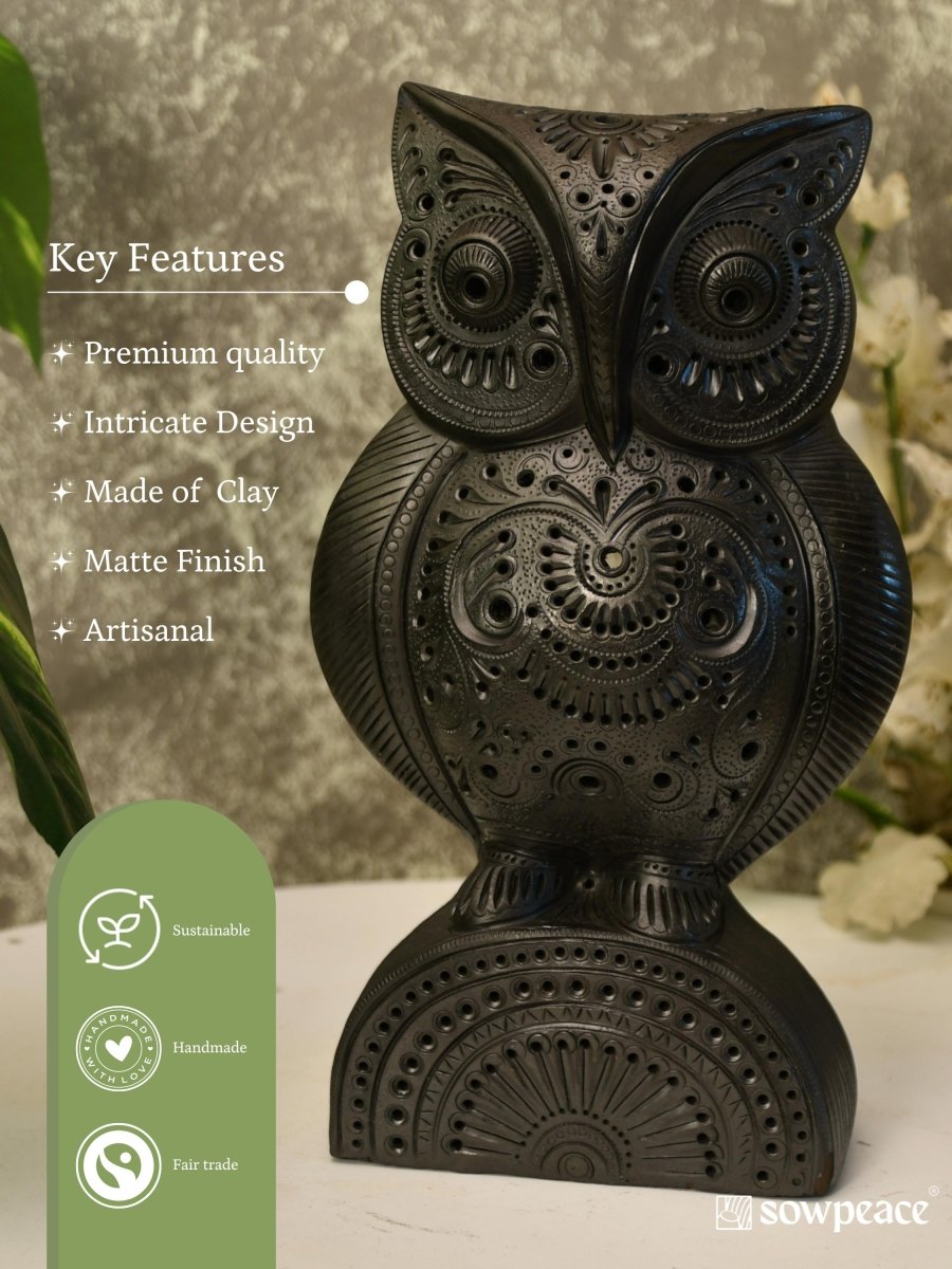 Artisan Black Terracotta Big Owl Tabletop Decor