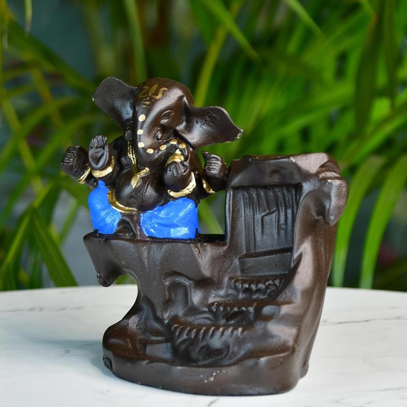 Artisan Blue Ganesh Smoke Fountain Tabletop Decor by Sowpeace - Unique Home Showpiece