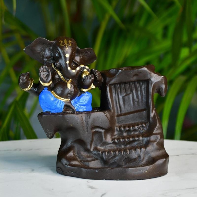 Artisan Blue Ganesh Smoke Fountain Tabletop Decor by Sowpeace - Unique Home Showpiece