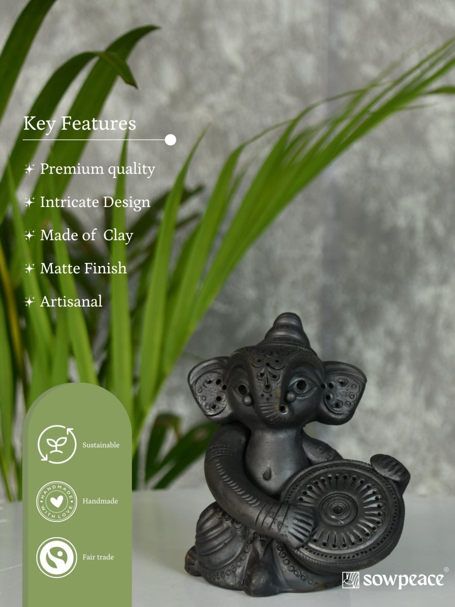 Black Terracotta Ganesh: Dafli Tabletop Decor