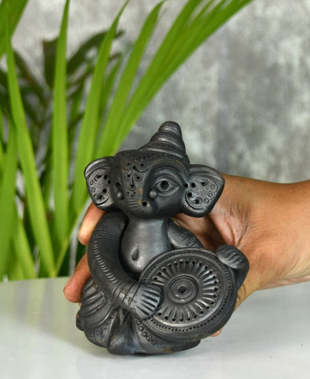 Black Terracotta Ganesh: Dafli Tabletop Decor