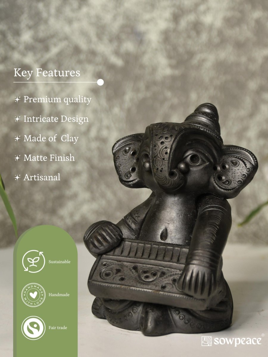 Black Terracotta Ganesh: Harmonium Tabletop Decor