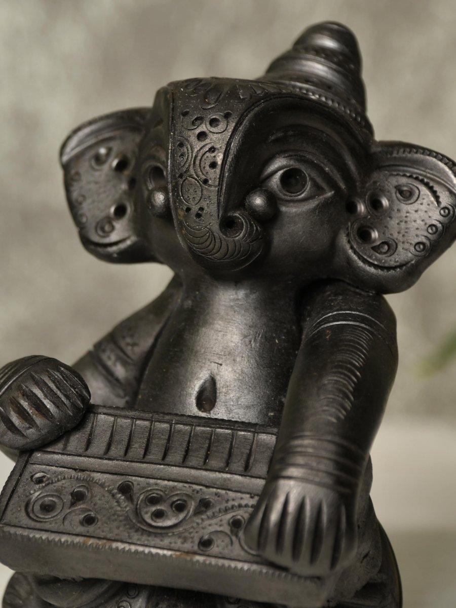 Black Terracotta Ganesh: Harmonium Tabletop Decor