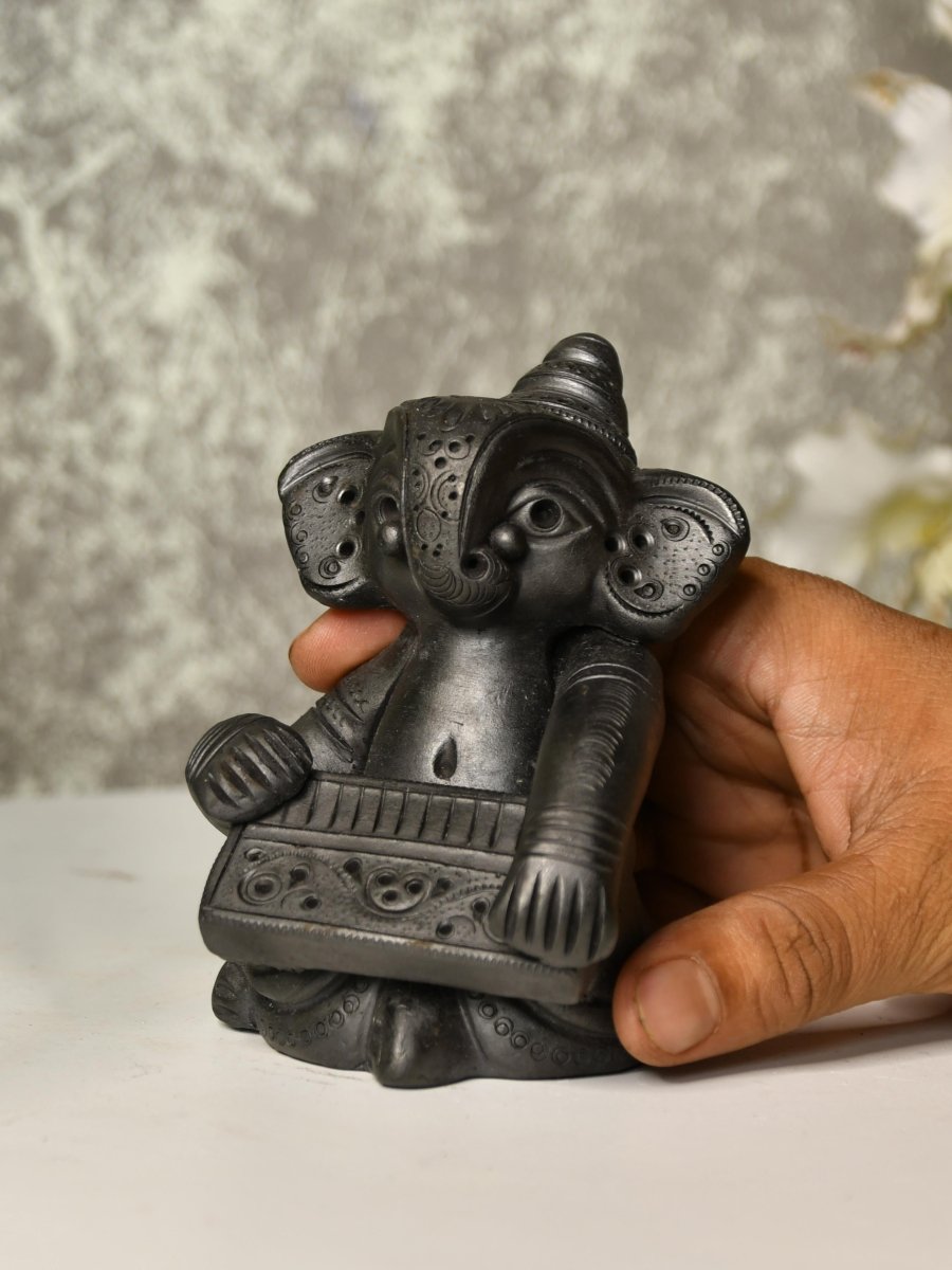 Black Terracotta Ganesh: Harmonium Tabletop Decor - decor - Sowpeace - Black Terracotta Ganesh: Harmonium Tabletop Decor - Terr - bter - TT - GHP - Sowpeace