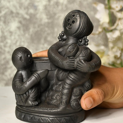 Black Terracotta Mother-Son Artisan Tabletop Decor for Home
