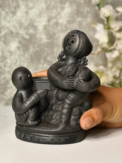 Black Terracotta Mother-Son Artisan Tabletop Decor for Home