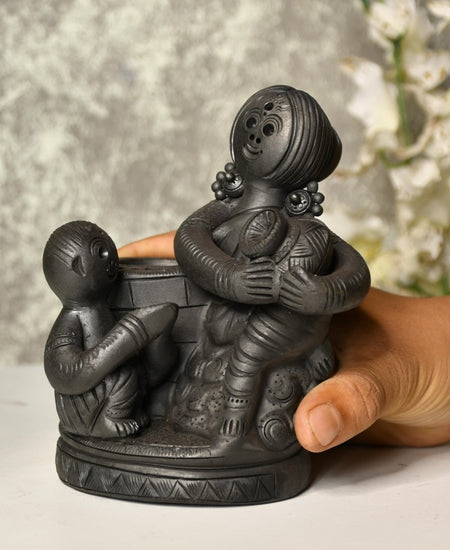 Black Terracotta Mother-Son Artisan Tabletop Decor for Home