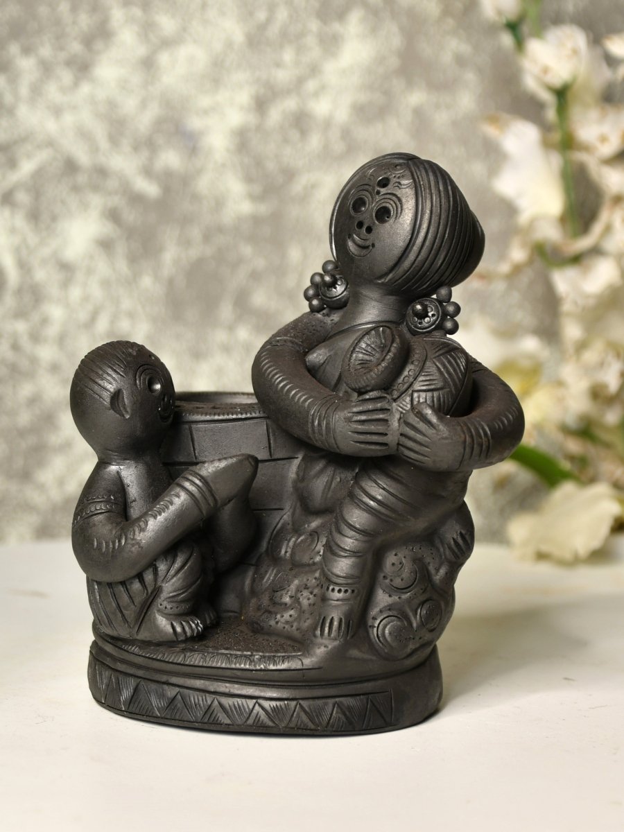 Black Terracotta Mother-Son Artisan Tabletop Decor for Home