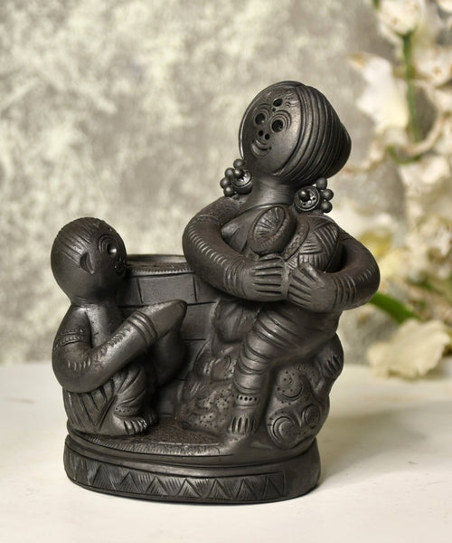 Black Terracotta Mother-Son Artisan Tabletop Decor for Home