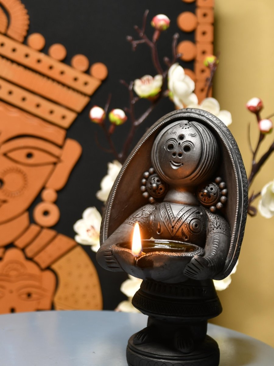 Black Terracotta Women with Diya Home Decor Masterpiece