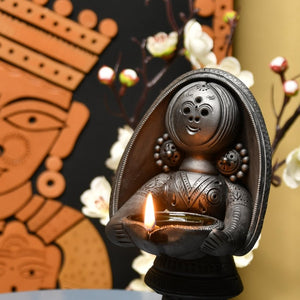 Black Terracotta Women with Diya Home Decor Masterpiece - decor - Sowpeace - Black Terracotta Women with Diya Home Decor Masterpiece - Terr - bter - TT - WWD - Sowpeace