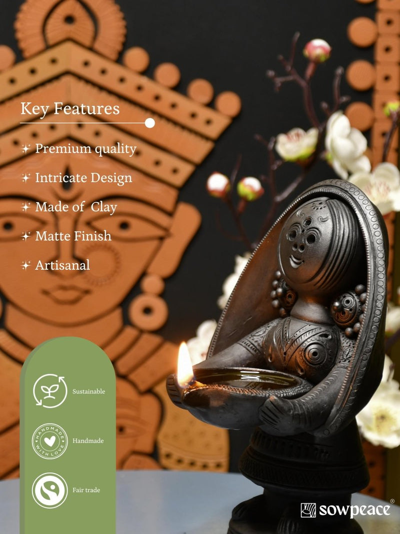 Black Terracotta Women with Diya Home Decor Masterpiece – view 6