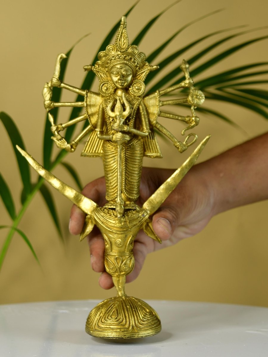 Dhokra Craft - Goddess Durga Mahishasur Mardini Brass Decor - Sowpeace - Dhokra Craft - Goddess Durga Mahishasur Mardini Brass Decor - Dok - DMDM - BR - TT - Sowpeace