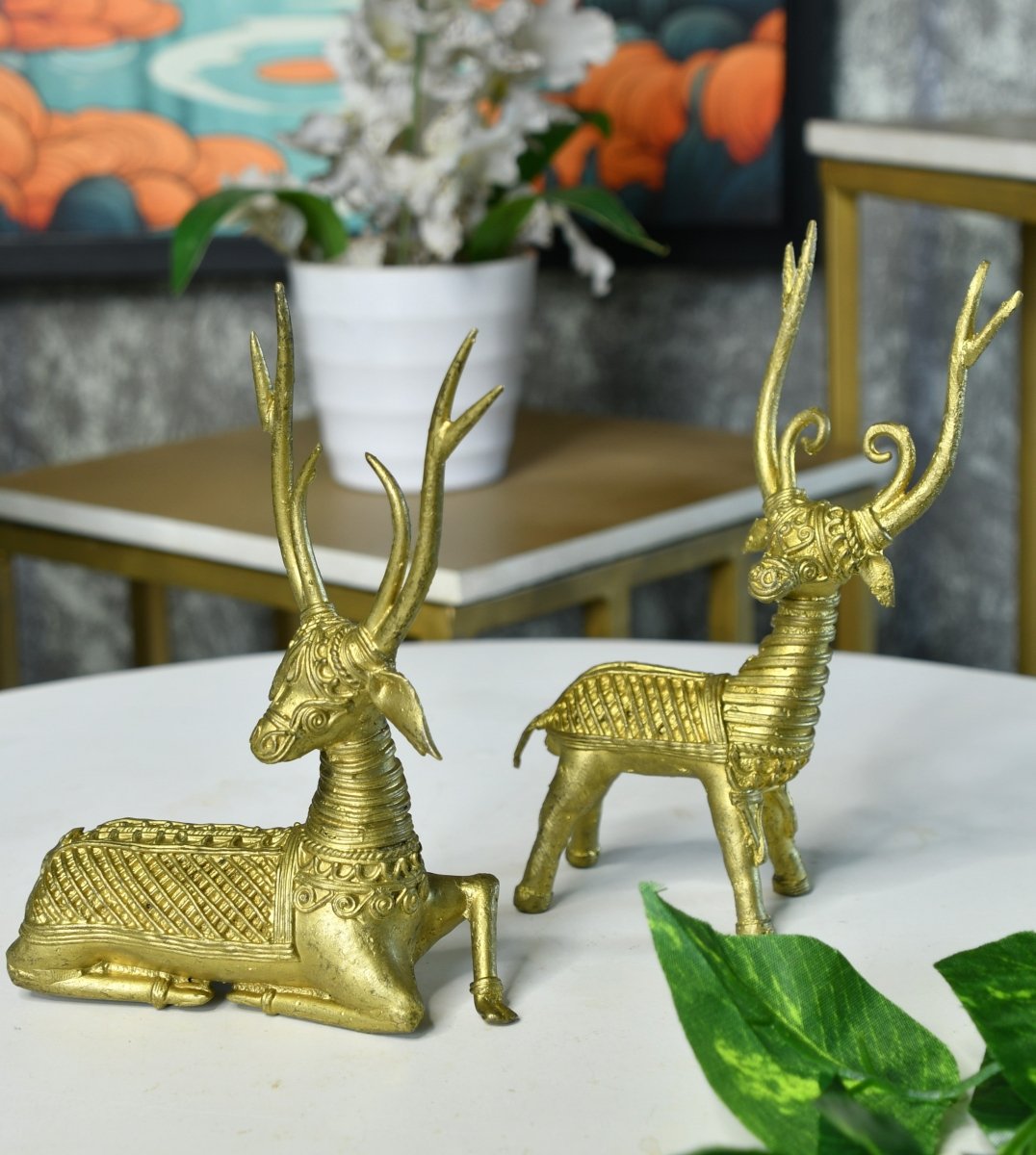 Dhokra Deer Brass Tabletop - Dhokra - Sowpeace - Dhokra Deer Brass Tabletop - Dok - DDSTC2 - BR - TT - Sowpeace