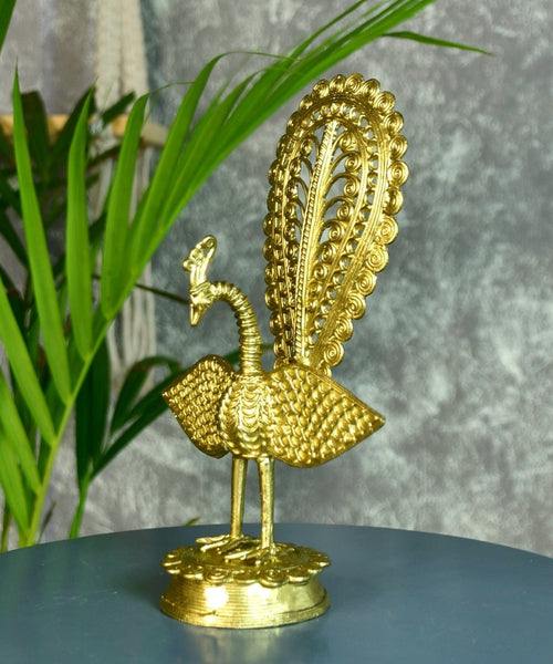 Dhokra Peacock: Artisan Brass Tabletop Elegance