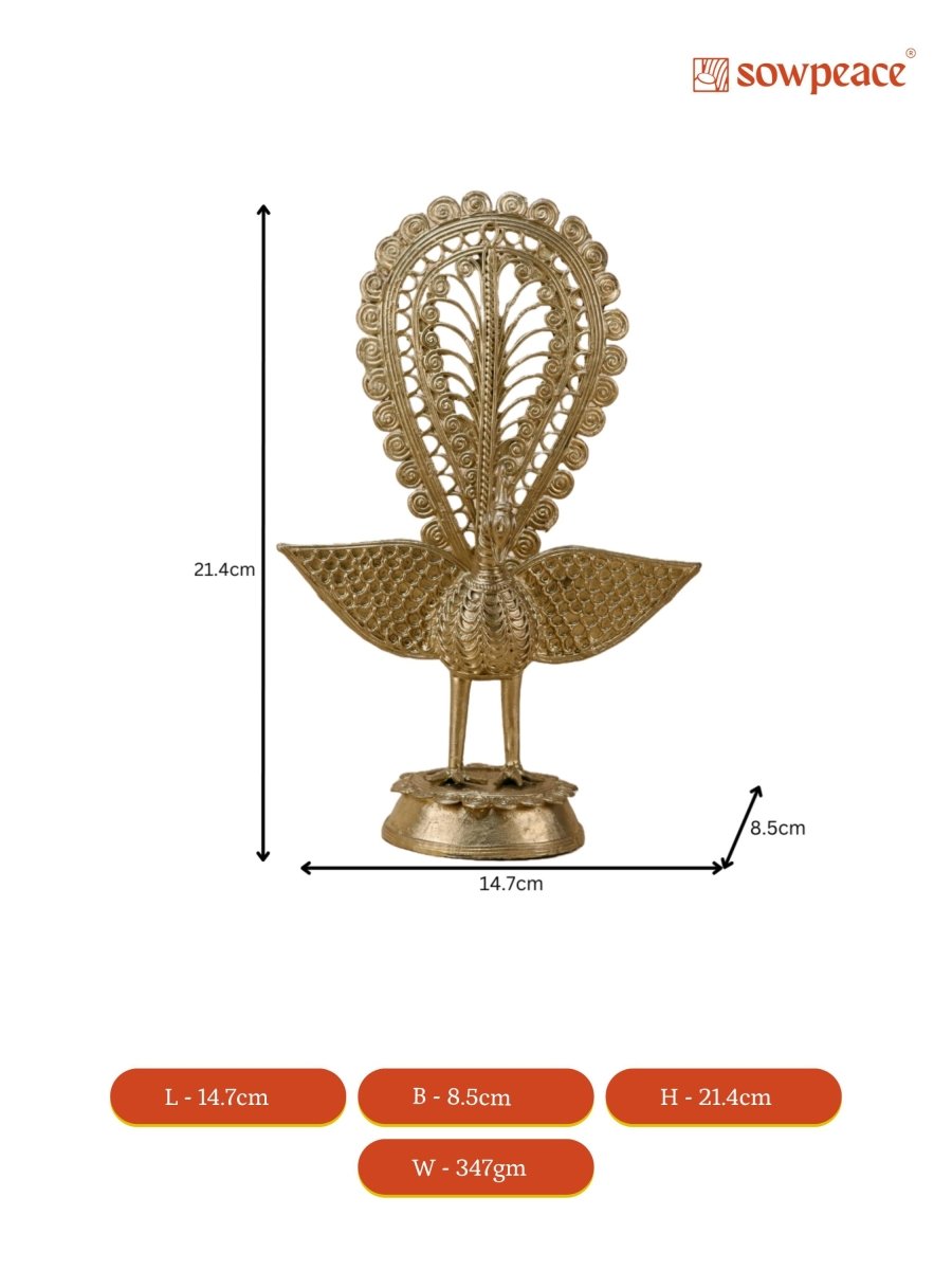 Dhokra Peacock: Artisan Brass Tabletop Elegance - Sowpeace - Dhokra Peacock: Artisan Brass Tabletop Elegance - Dok - DPEK - BR - TT - Sowpeace