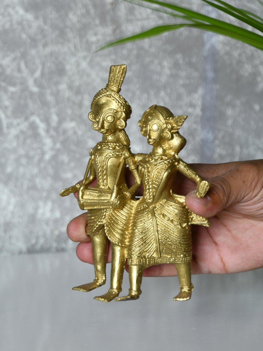 Dhokra Tribal Couple with Dhol Tabletop Decor - Dhokra - Sowpeace - Dhokra Tribal Couple with Dhol Tabletop Decor - Dok - LTCDH - BR - TT - Sowpeace