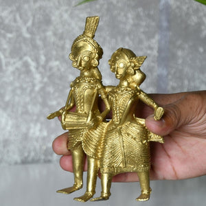 Dhokra Tribal Couple with Dhol Tabletop Decor - Dhokra - Sowpeace - Dhokra Tribal Couple with Dhol Tabletop Decor - Dok - LTCDH - BR - TT - Sowpeace