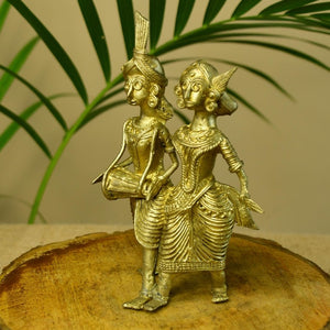 Dhokra Tribal Couple with Dhol Tabletop Decor - Dhokra - Sowpeace - Dhokra Tribal Couple with Dhol Tabletop Decor - Dok - LTCDH - BR - TT - Sowpeace