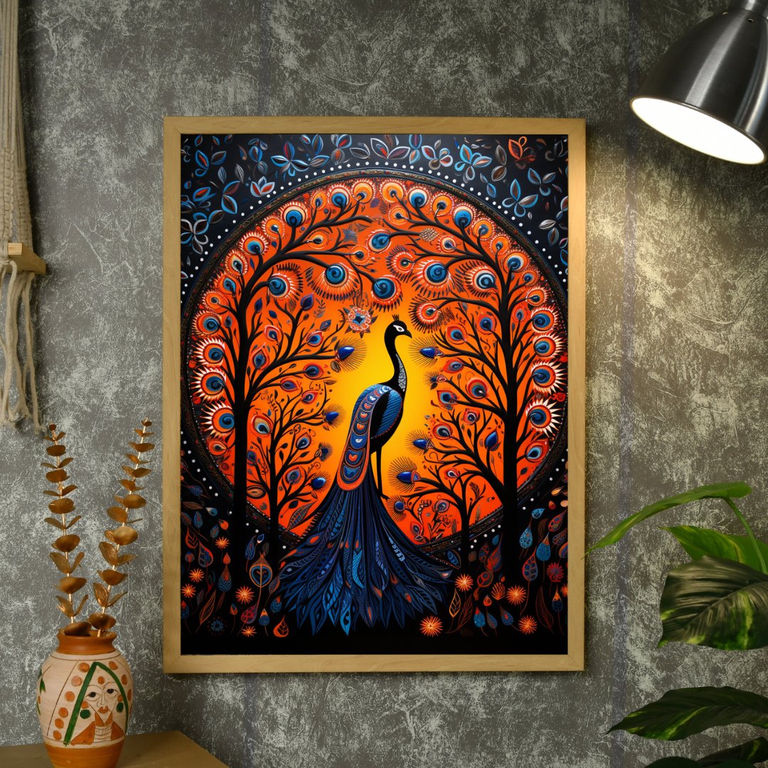 Enchanted Peacock: Sowpeace Handcrafted Wall Art – Premium Indian - Inspired Canvas Print for Stylish Home Decor - Wall painting - Chitran by sowpeace - Enchanted Peacock: Sowpeace Handcrafted Wall Art – Premium Indian - Inspired Canvas Print for Stylish Home Decor - Sowpeace