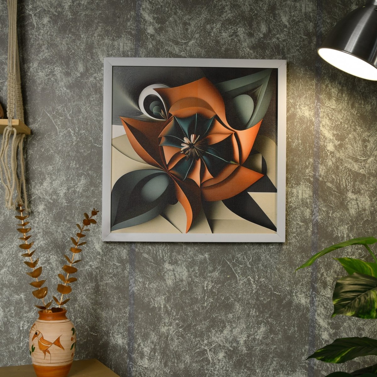 Sowpeace's Handcrafted Geometric Flower Abstract Art – Terracotta, Sea Green & Earth Black, Premium Indian Decor