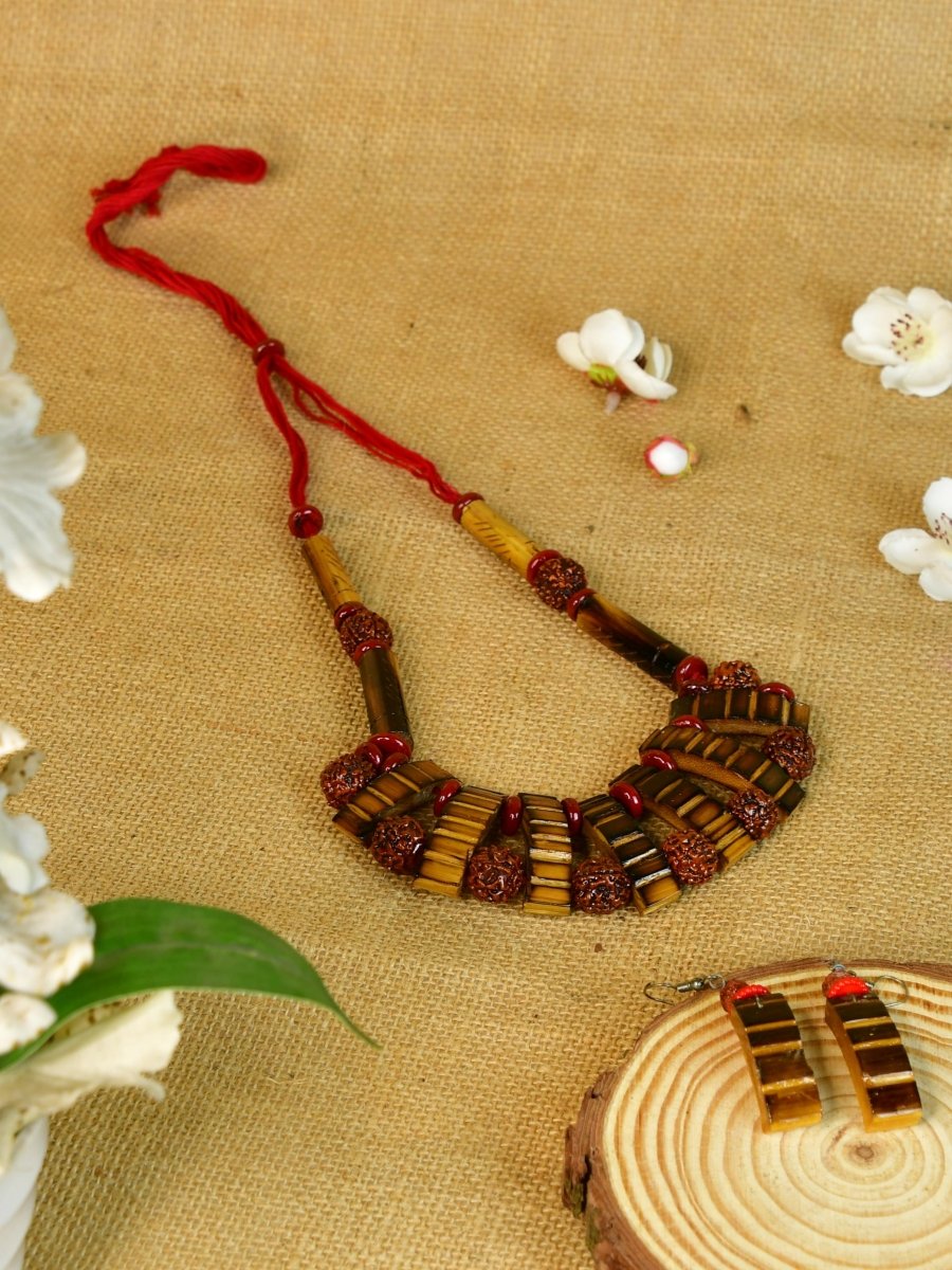 Handcrafted Bamboo & Rudraksha Necklace by Sowpeace - Reviving Indian Art - Necklace - SOWPEACE - Handcrafted Bamboo & Rudraksha Necklace by Sowpeace - Reviving Indian Art - Hanc - Neck - Bamb - HFWB - Sowpeace