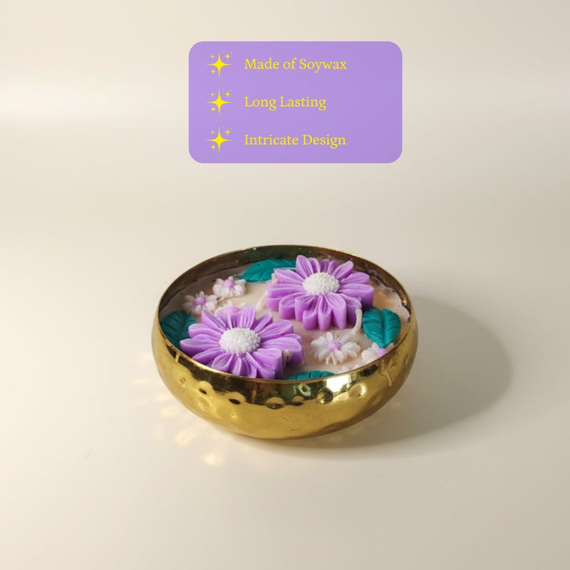 Handmade 12 cm Soy Wax Candle in Metal Pot – Multicolor Double Flowers, Yellow Center Accent – view 2