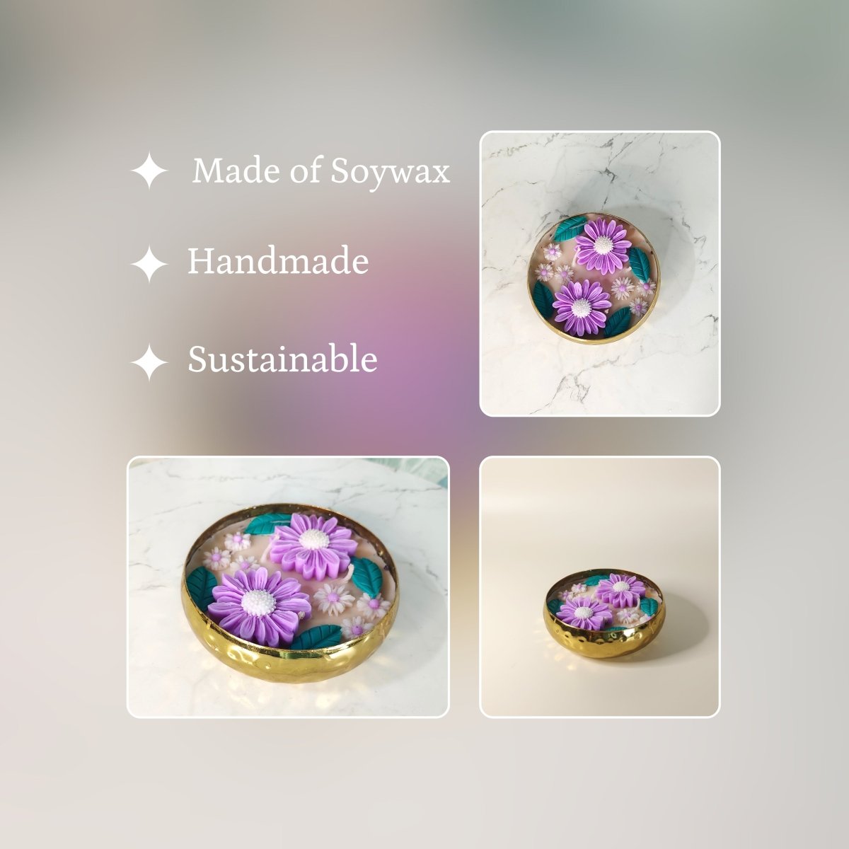 Handmade 12 cm Soy Wax Candle in Metal Pot – Multicolor Double Flowers, Yellow Center Accent - Sowpeace - 