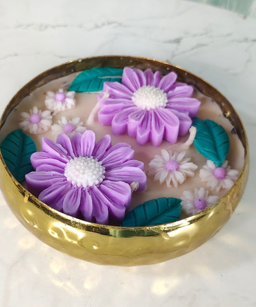 Handmade 12 cm Soy Wax Candle in Metal Pot – Multicolor Double Flowers, Yellow Center Accent