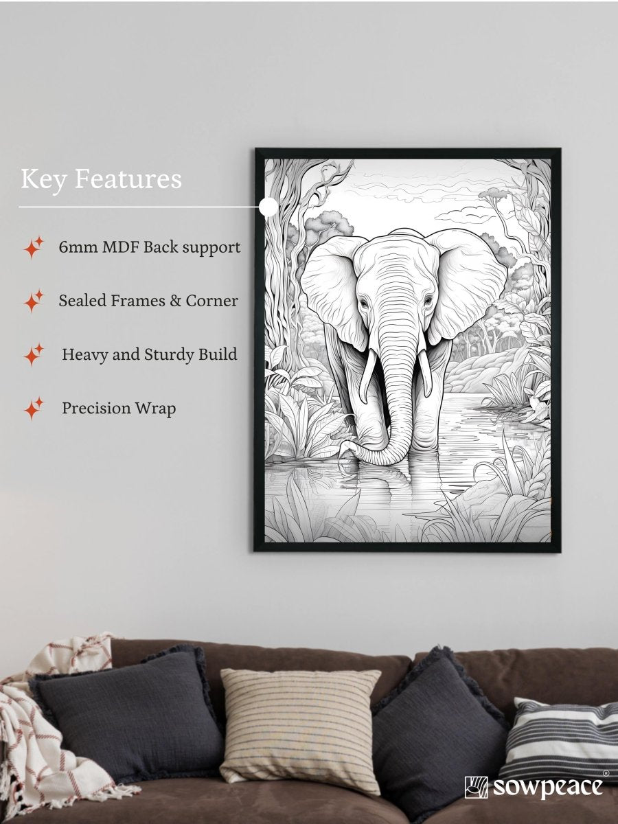 Jungle Symphony: Handcrafted Line Art Elephant Canvas – Premium Indian-Inspired Wall Art for Modern Home Decoration