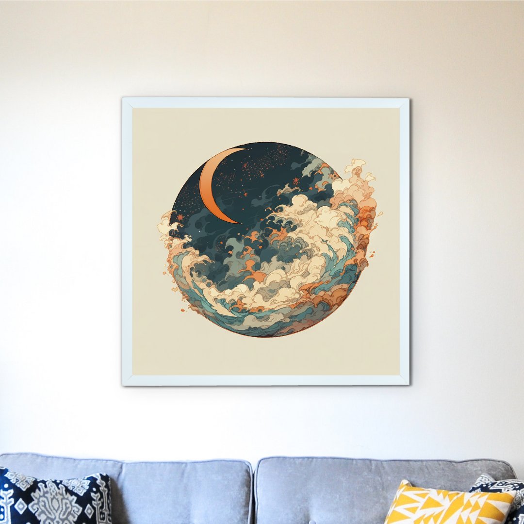 Sowpeace's Handcrafted Moon Over Earth Line Art – Premium Indian-Inspired Canvas Print for Contemporary Home Decoration