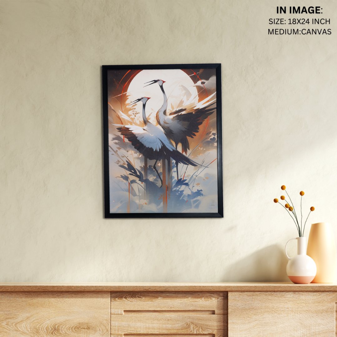 Sowpeace's Handcrafted Sarus Crane Abstract Sky Wall Art – Premium Set of 2, Indian-Inspired Canvas Prints for Modern Home Decor