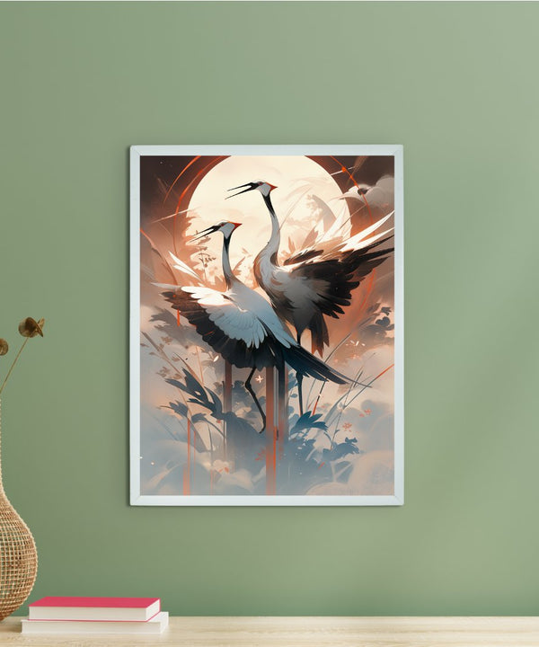 Sowpeace's Handcrafted Sarus Crane Abstract Sky Wall Art – Premium Set of 2, Indian-Inspired Canvas Prints for Modern Home Decor — main view