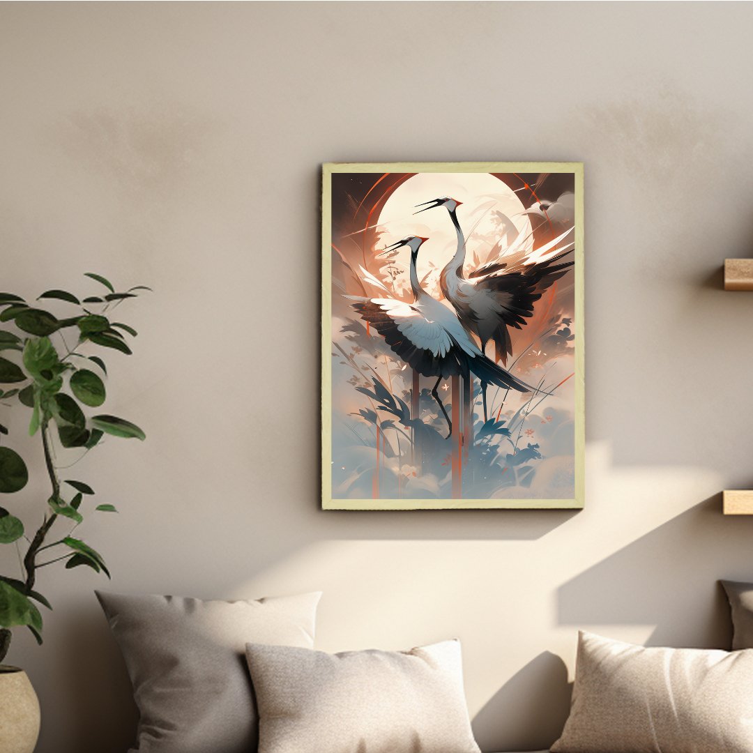 Sowpeace's Handcrafted Sarus Crane Abstract Sky Wall Art – Premium Set of 2, Indian-Inspired Canvas Prints for Modern Home Decor