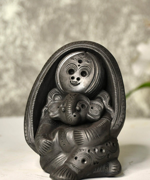 Sowpeace Art: Black Terracotta Durga Ganesh Tabletop Marvel — main view