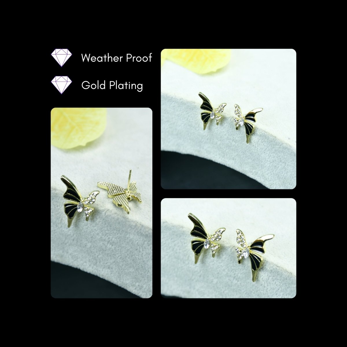 Sowpeace Black Butterfly Crystal Gold Stainless Steel Earrings | Stylish One‑Size Lightweight Jewelry for Women & Daily Wear - Sowpeace - 