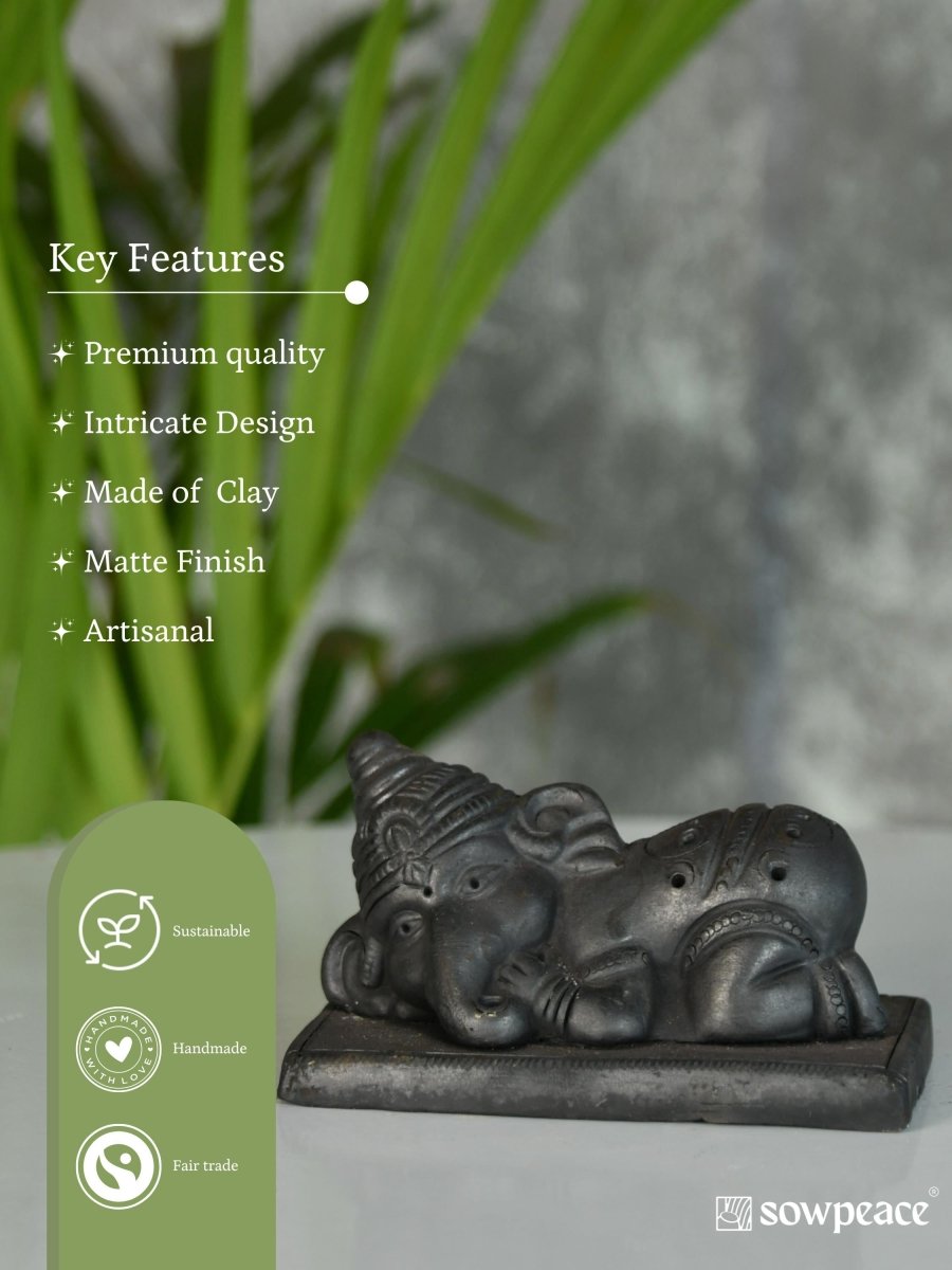 Sowpeace Black Terracotta Sleeping Ganesh: Artisan Tabletop Decor - Sowpeace - Sowpeace Black Terracotta Sleeping Ganesh: Artisan Tabletop Decor - Terr - bter - TT - SGN - Sowpeace