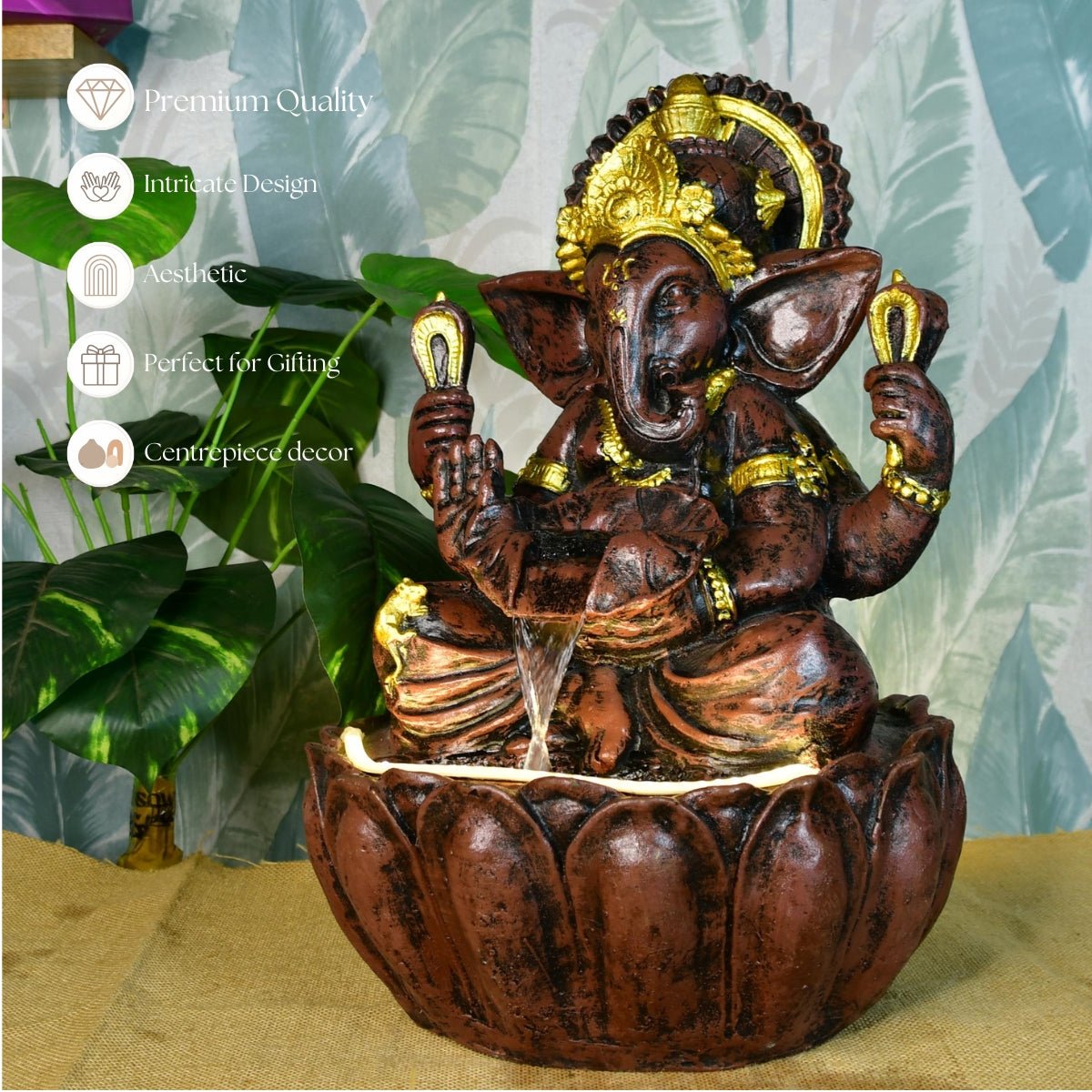 Sowpeace Brown Ganesha Water Fountain – Elegant Ganesha Sitting Waterfall for Spiritual Home Decor & Gifts