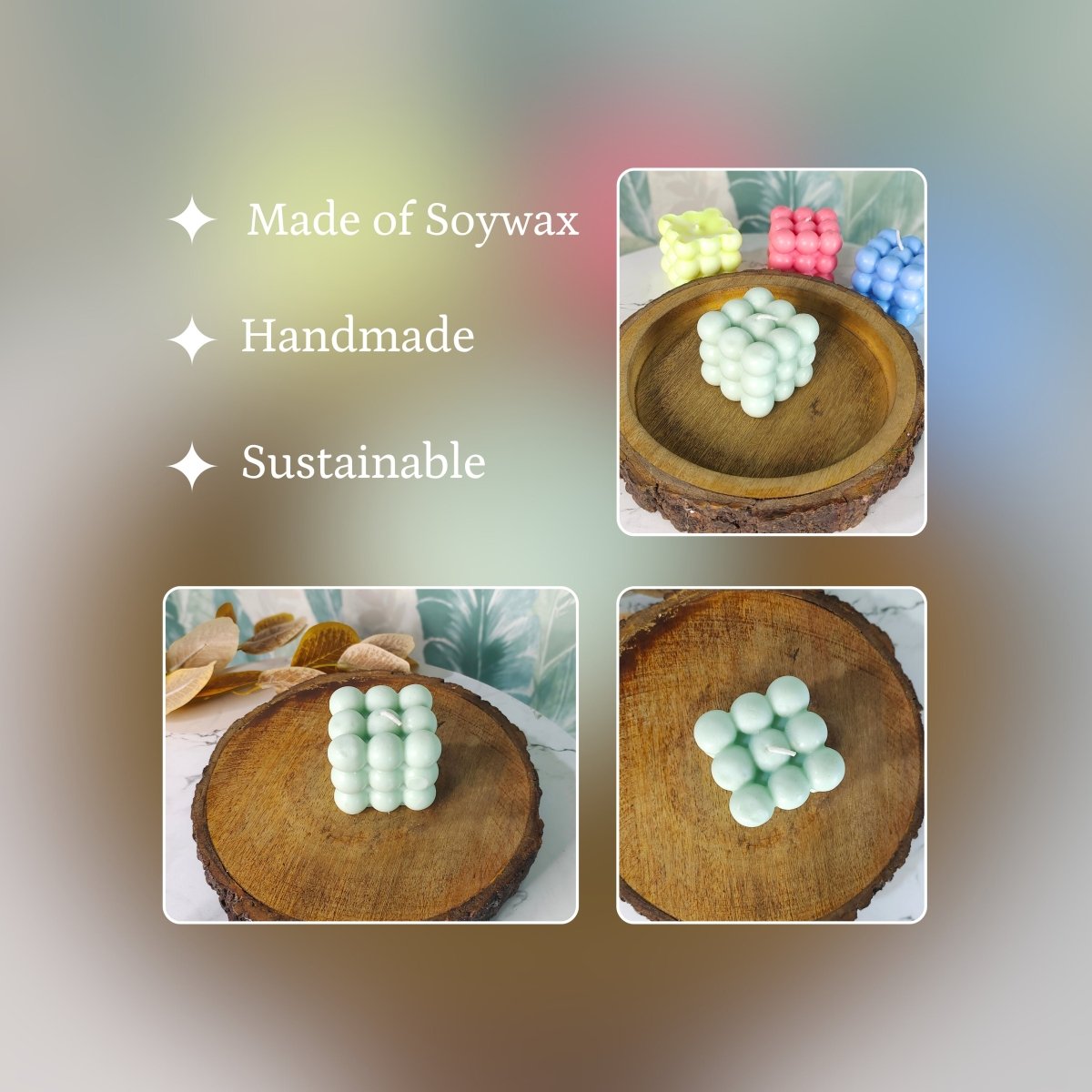 Sowpeace Bubble Green Soywax Candle – Hand-Poured, Vegan, Unscented Decorative Cube (6×6×6 cm)