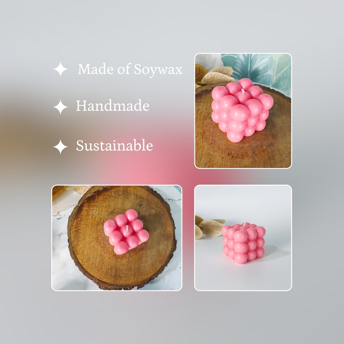 Sowpeace Bubble Pink Soywax Candle – Hand-Poured, Vegan, Unscented Decorative Cube (6×6×6 cm)