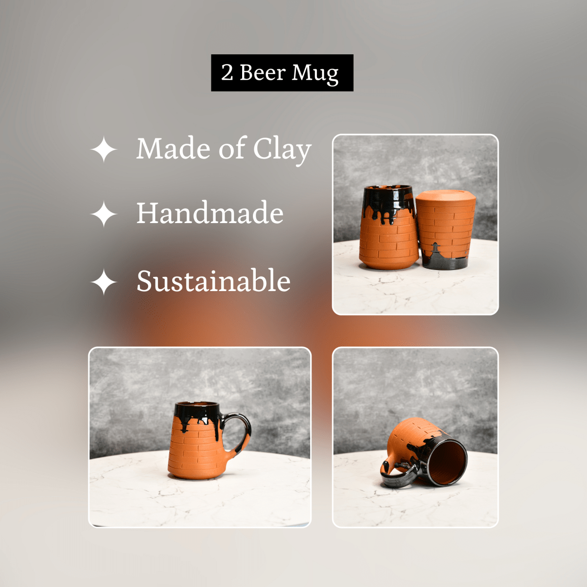 Sowpeace Earthly Beer Mugs (Set of 2) | Handcrafted Terracotta Rustic Brown Beer Cups for Gifting & Daily Use