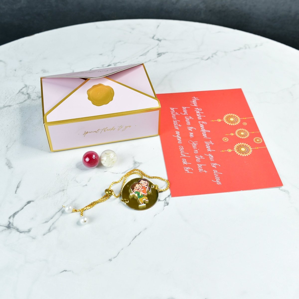 Sowpeace Exquisite Bhai Behen Rakhi Pack of 1 with Roli Chawal and Greeting card combo for Raksha Bandhan and Gifting