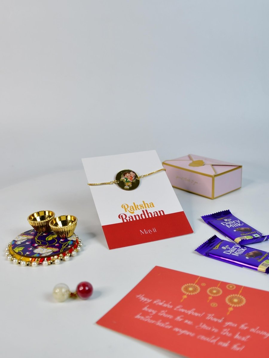 Sowpeace Exquisite Bhai Behen Rakhi Pack of 1 with Roli Chawal Thali, Chocolates, and Greeting card combo for Raksha Bandhan and Gifting